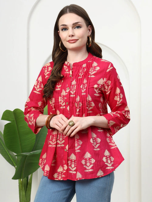 Frempy Women Rose Red Motifs Printed Pure Cotton Top