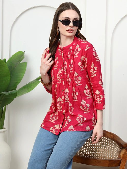Frempy Women Rose Red Motifs Printed Pure Cotton Top