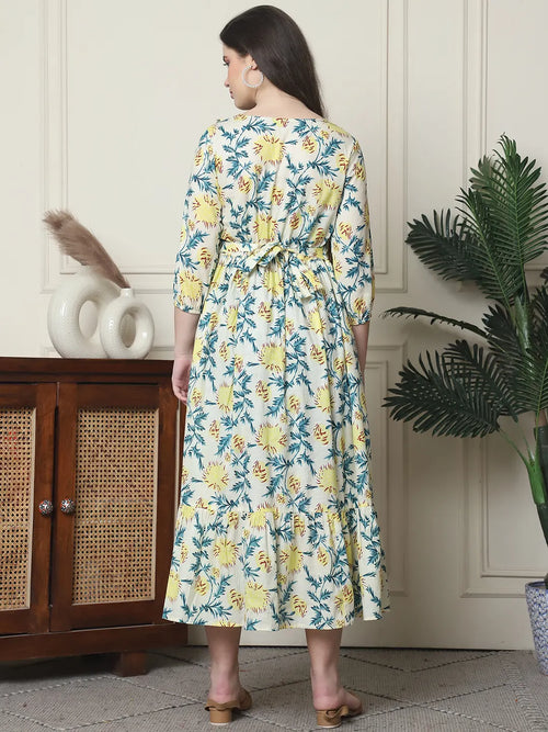 Frempy Women Fit and Flare Off White Floral Printed Maxi/Full Length Dress