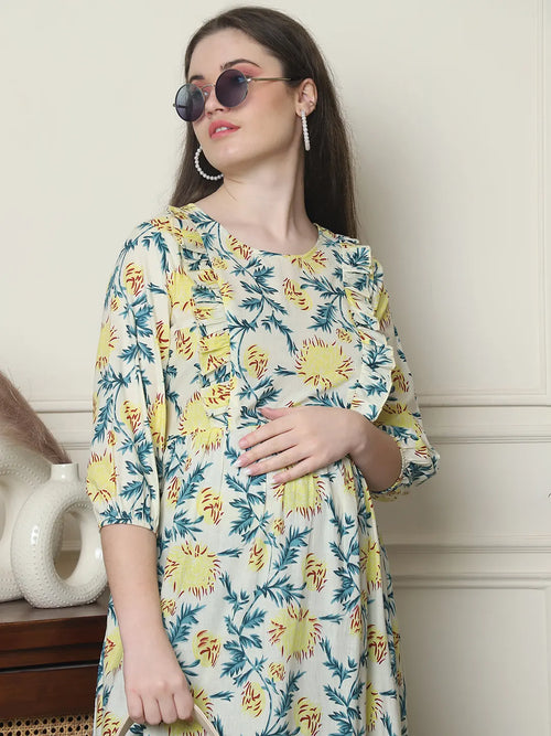 Frempy Women Fit and Flare Off White Floral Printed Maxi/Full Length Dress