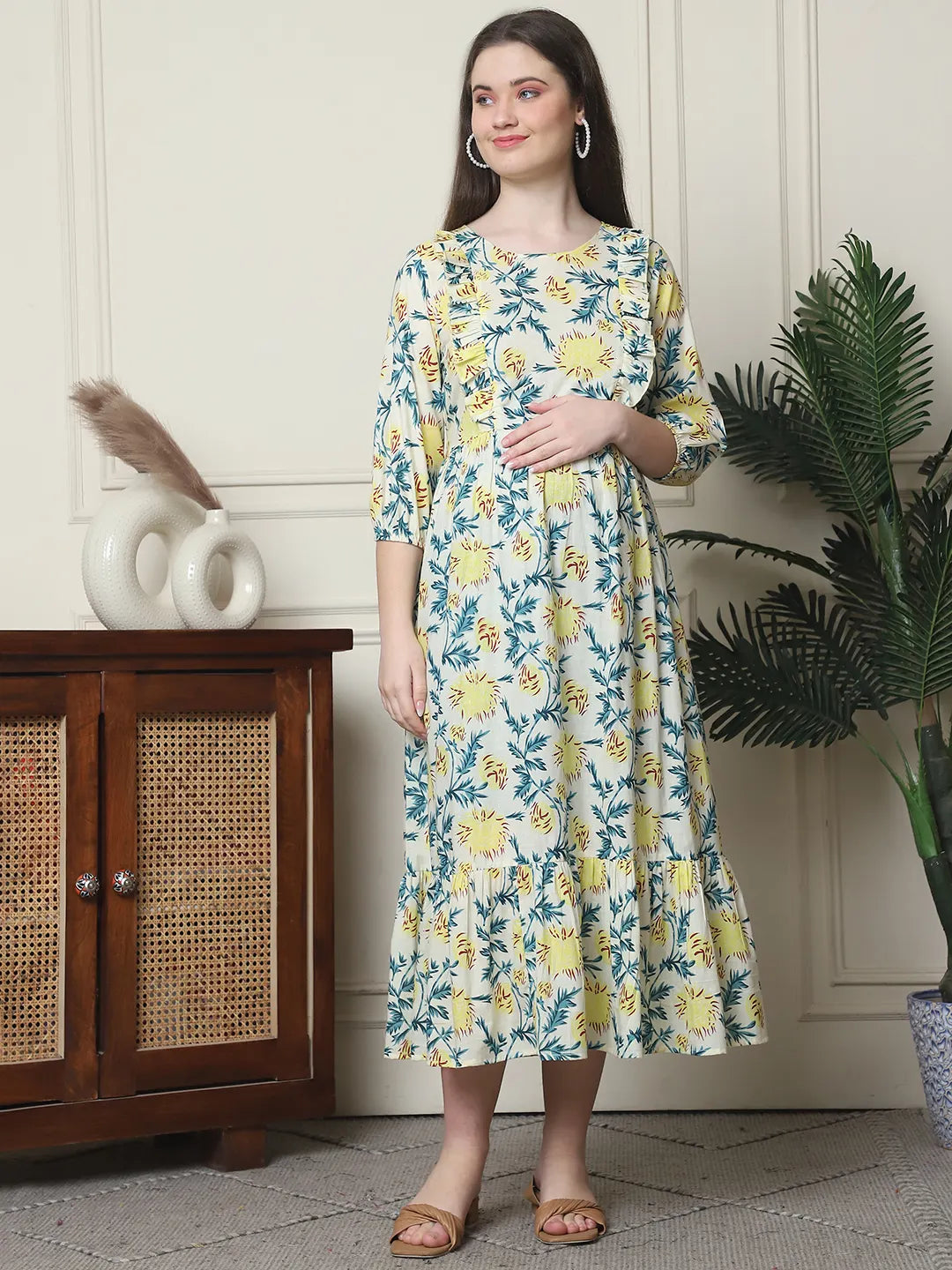 Frempy Women Fit and Flare Off White Floral Printed Maxi/Full Length Dress