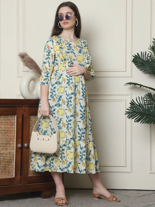 Frempy Women Fit and Flare Off White Floral Printed Maxi/Full Length Dress