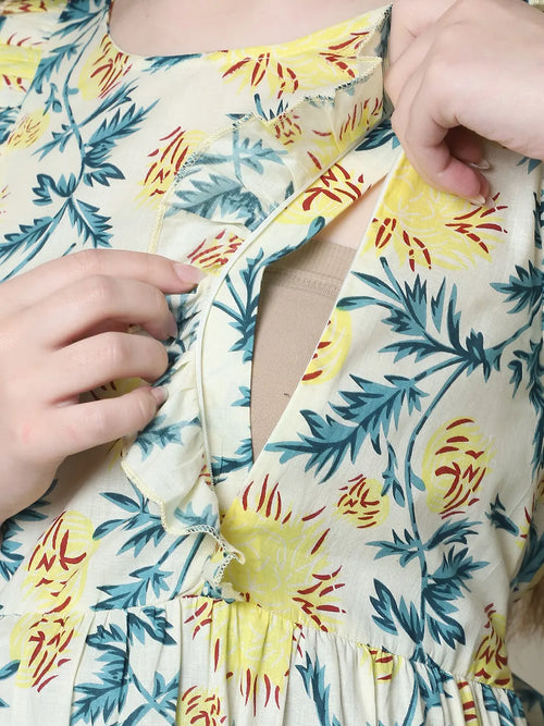 Frempy Women Fit and Flare Off White Floral Printed Maxi/Full Length Dress