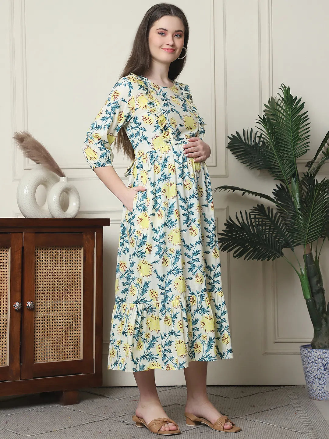 Frempy Women Fit and Flare Off White Floral Printed Maxi/Full Length Dress