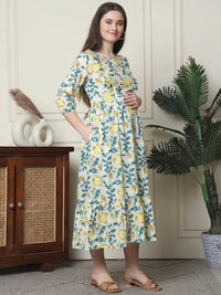 Frempy Women Fit and Flare Off White Floral Printed Maxi/Full Length Dress