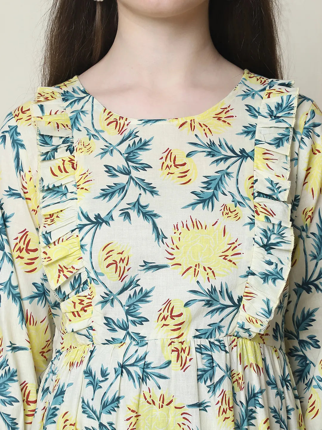 Frempy Women Fit and Flare Off White Floral Printed Maxi/Full Length Dress