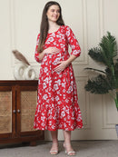 Frempy Women Fit and Flare Red Floral Printed Maxi/Full Length Dress