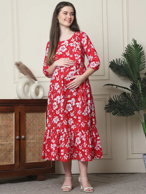 Frempy Women Fit and Flare Red Floral Printed Maxi/Full Length Dress