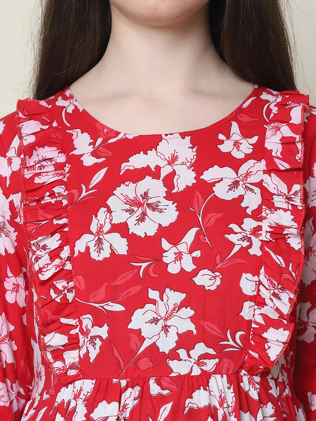 Frempy Women Fit and Flare Red Floral Printed Maxi/Full Length Dress