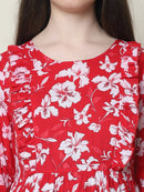 Frempy Women Fit and Flare Red Floral Printed Maxi/Full Length Dress