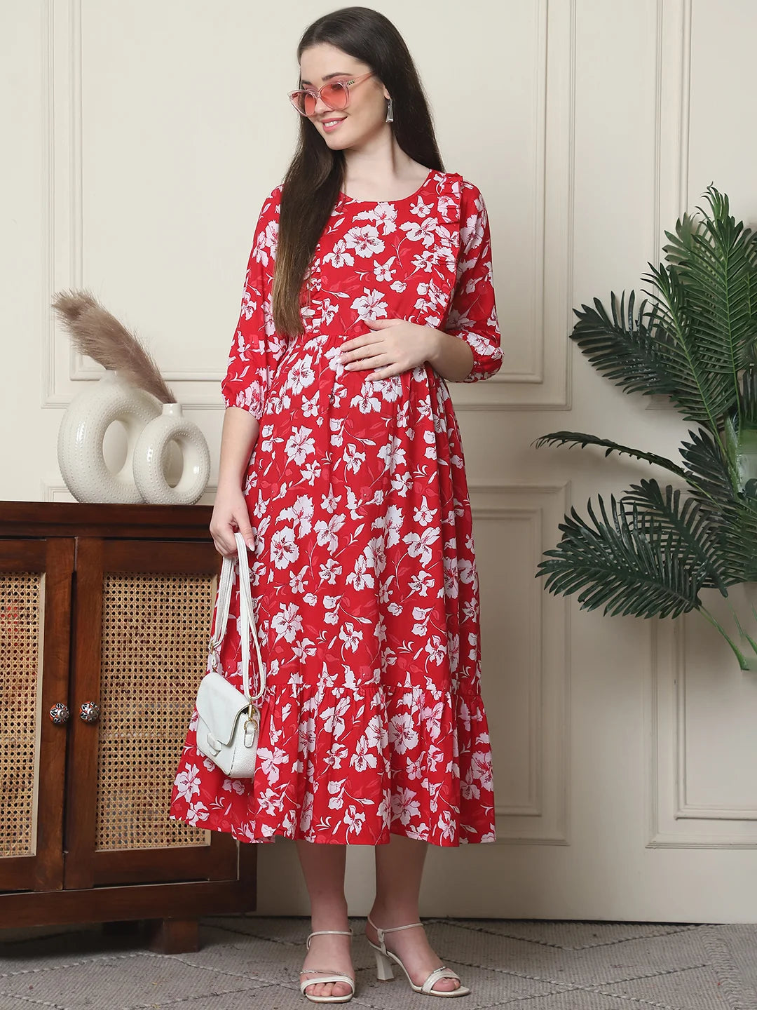 Frempy Women Fit and Flare Red Floral Printed Maxi/Full Length Dress