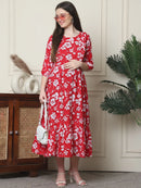 Frempy Women Fit and Flare Red Floral Printed Maxi/Full Length Dress