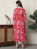 Frempy Women Fit and Flare Red Floral Printed Maxi/Full Length Dress