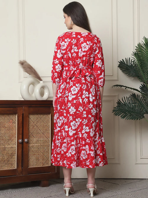 Frempy Women Fit and Flare Red Floral Printed Maxi/Full Length Dress