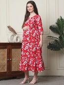 Frempy Women Fit and Flare Red Floral Printed Maxi/Full Length Dress