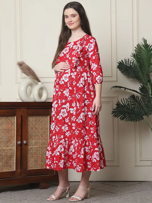 Frempy Women Fit and Flare Red Floral Printed Maxi/Full Length Dress