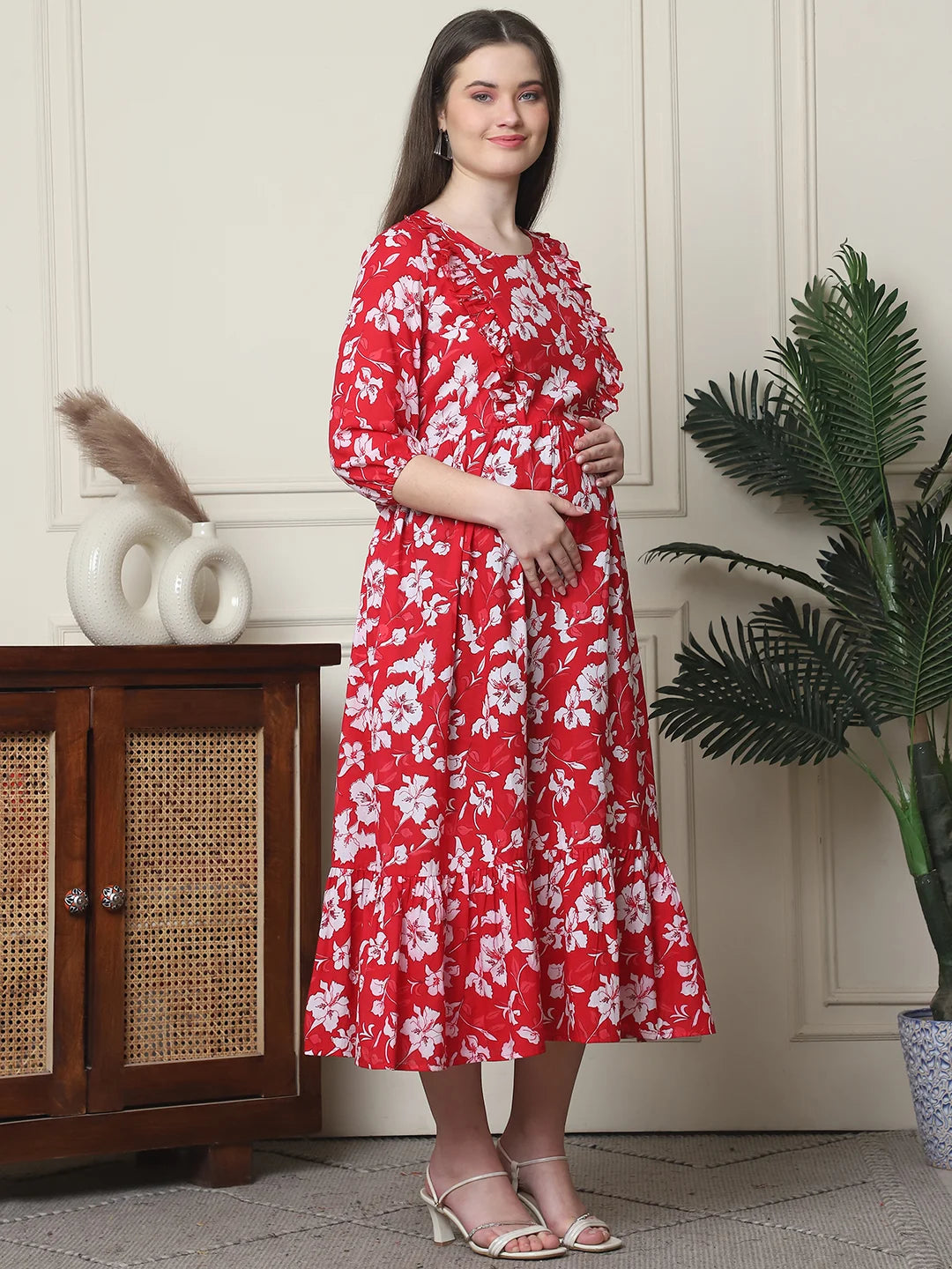 Frempy Women Fit and Flare Red Floral Printed Maxi/Full Length Dress
