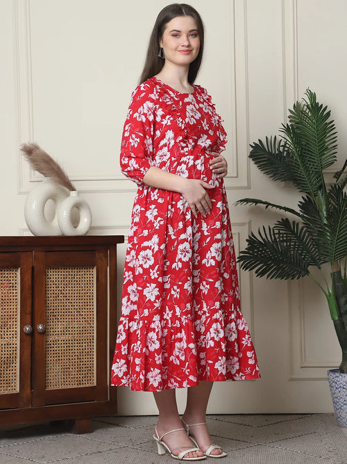 Frempy Women Fit and Flare Red Floral Printed Maxi/Full Length Dress