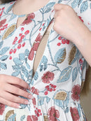 Frempy Women Fit and Flare Off White Floral Printed Maxi/Full Length Dress