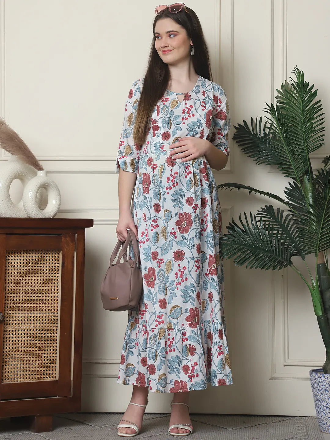 Frempy Women Fit and Flare Off White Floral Printed Maxi/Full Length Dress
