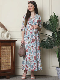 Frempy Women Fit and Flare Off White Floral Printed Maxi/Full Length Dress