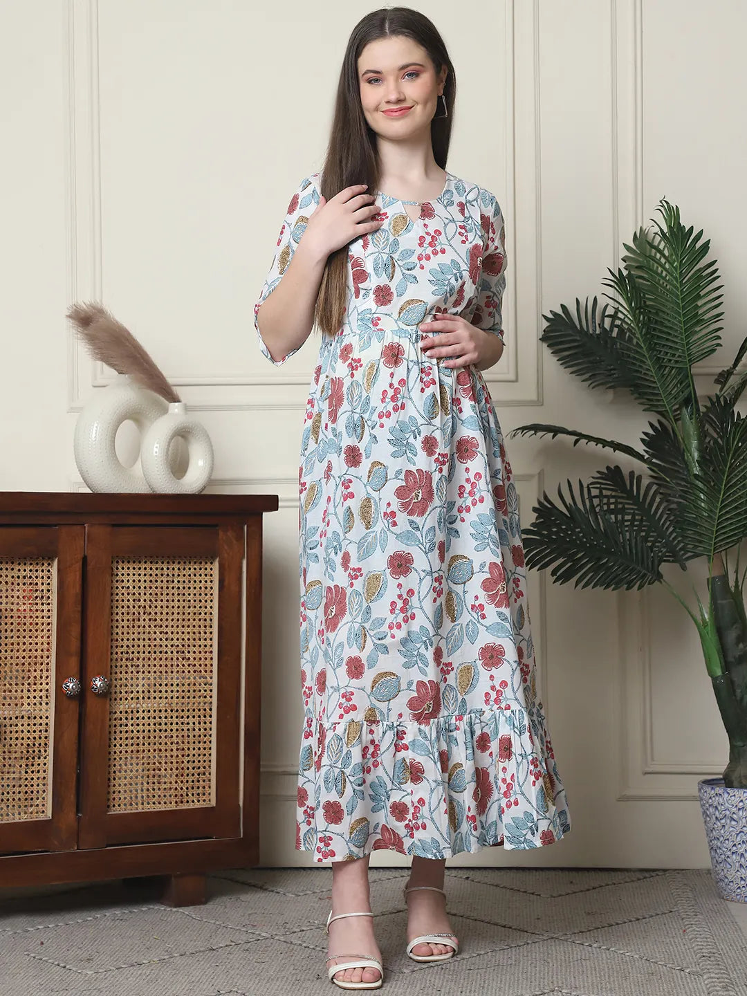 Frempy Women Fit and Flare Off White Floral Printed Maxi/Full Length Dress
