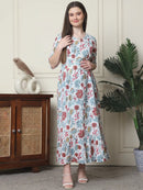 Frempy Women Fit and Flare Off White Floral Printed Maxi/Full Length Dress