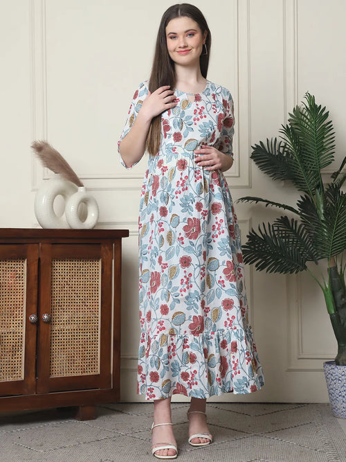 Frempy Women Fit and Flare Off White Floral Printed Maxi/Full Length Dress