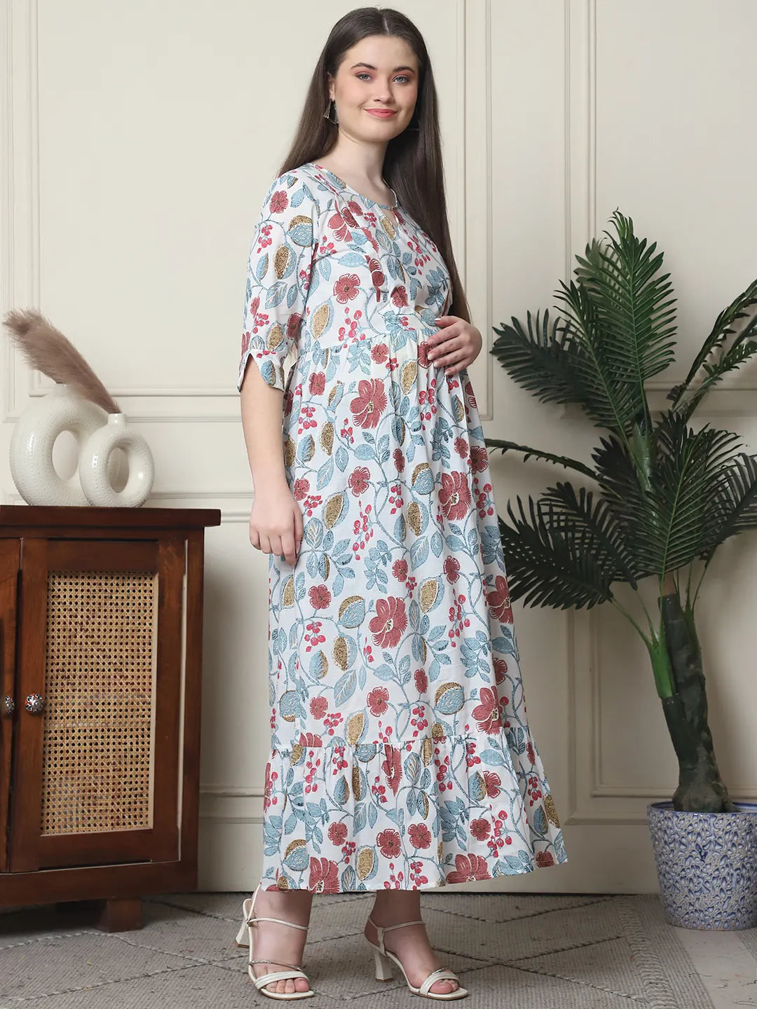 Frempy Women Fit and Flare Off White Floral Printed Maxi/Full Length Dress