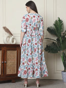 Frempy Women Fit and Flare Off White Floral Printed Maxi/Full Length Dress
