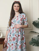 Frempy Women Fit and Flare Off White Floral Printed Maxi/Full Length Dress
