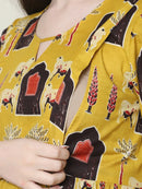 Frempy Women Fit and Flare Yellow Ethnic Printed Maxi/Full Length Dress