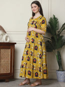 Frempy Women Fit and Flare Yellow Ethnic Printed Maxi/Full Length Dress