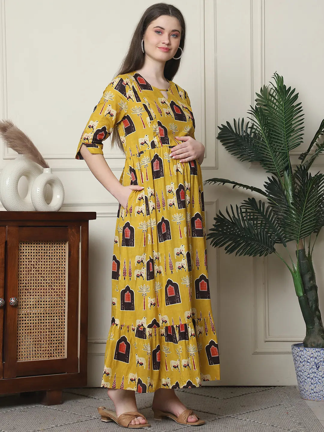 Frempy Women Fit and Flare Yellow Ethnic Printed Maxi/Full Length Dress