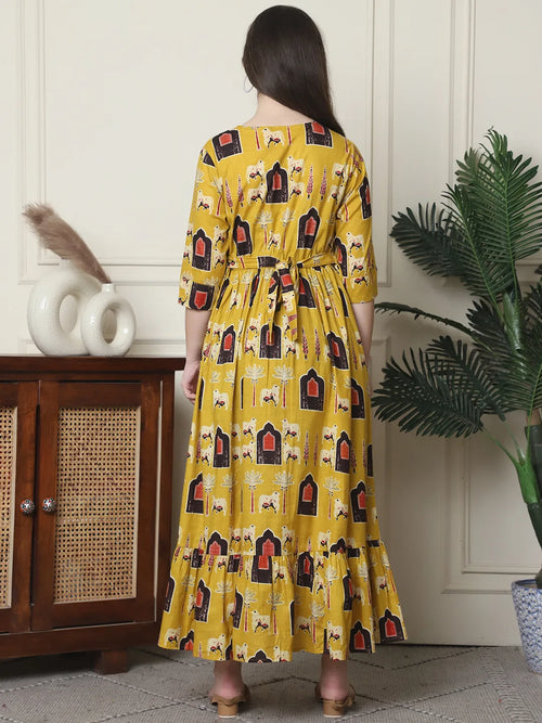 Frempy Women Fit and Flare Yellow Ethnic Printed Maxi/Full Length Dress