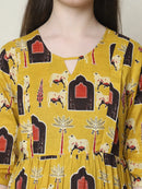 Frempy Women Fit and Flare Yellow Ethnic Printed Maxi/Full Length Dress