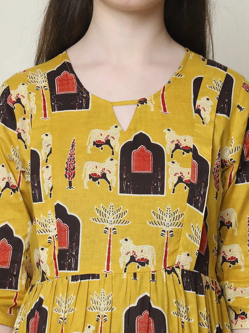 Frempy Women Fit and Flare Yellow Ethnic Printed Maxi/Full Length Dress