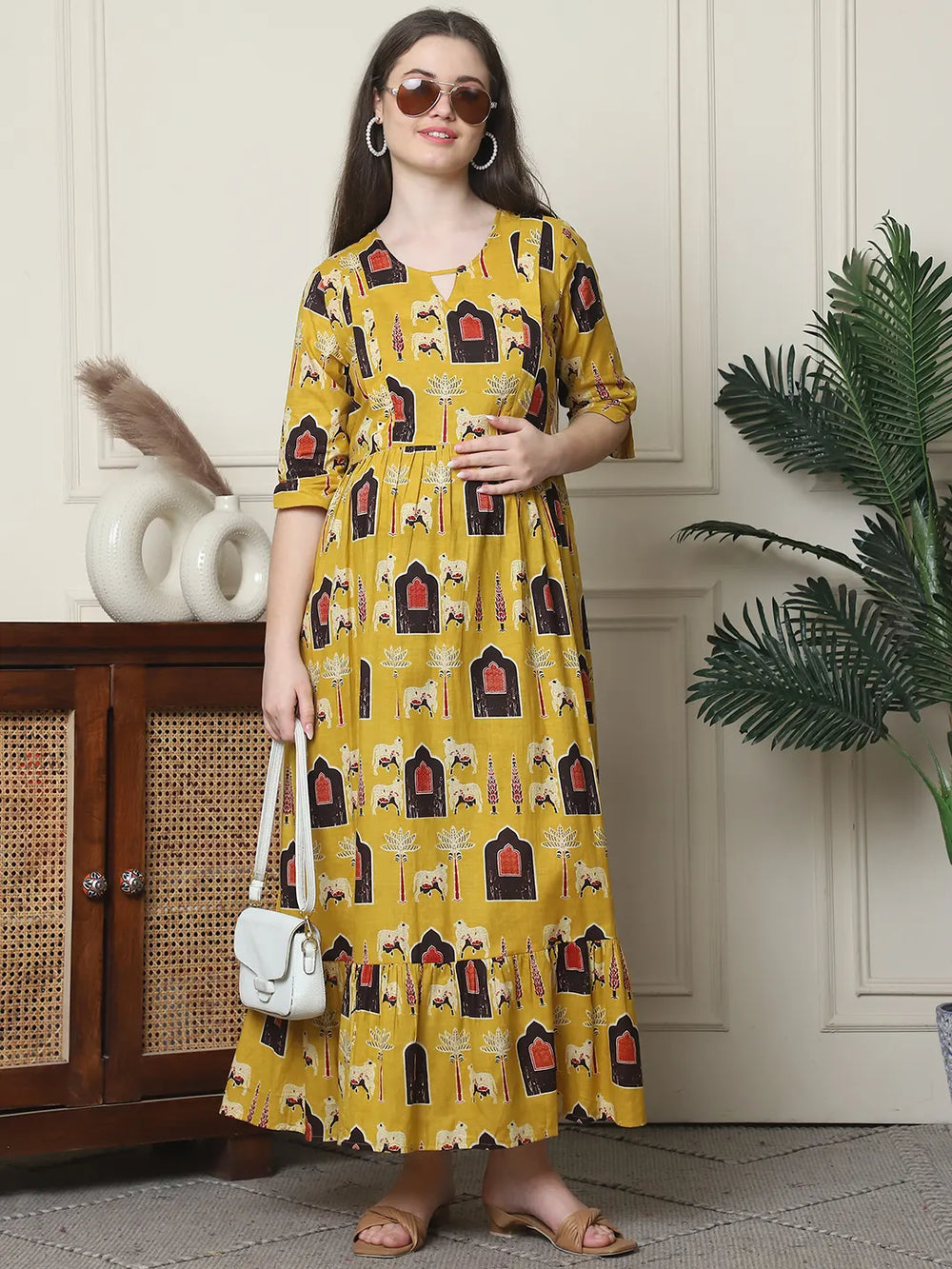 Frempy Women Fit and Flare Yellow Ethnic Printed Maxi/Full Length Dress