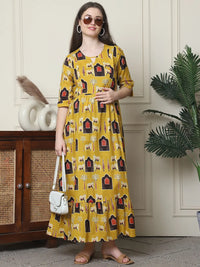 Frempy Women Fit and Flare Yellow Ethnic Printed Maxi/Full Length Dress