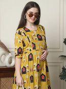 Frempy Women Fit and Flare Yellow Ethnic Printed Maxi/Full Length Dress