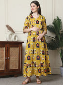 Frempy Women Fit and Flare Yellow Ethnic Printed Maxi/Full Length Dress