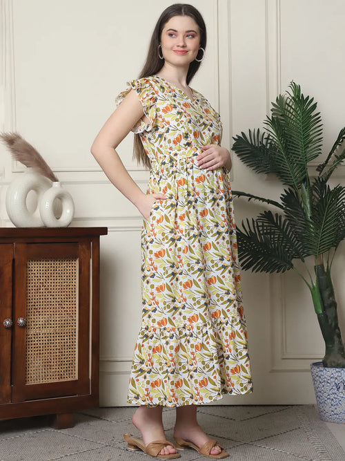 Frempy Women Fit and Flare Multi Floral Printed Maxi/Full Length Dress