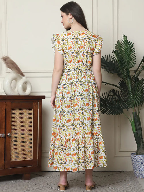 Frempy Women Fit and Flare Multi Floral Printed Maxi/Full Length Dress