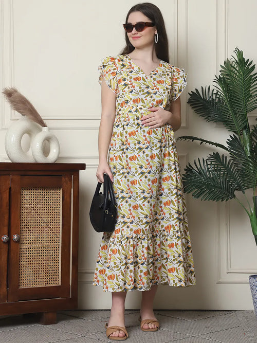 Frempy Women Fit and Flare Multi Floral Printed Maxi/Full Length Dress