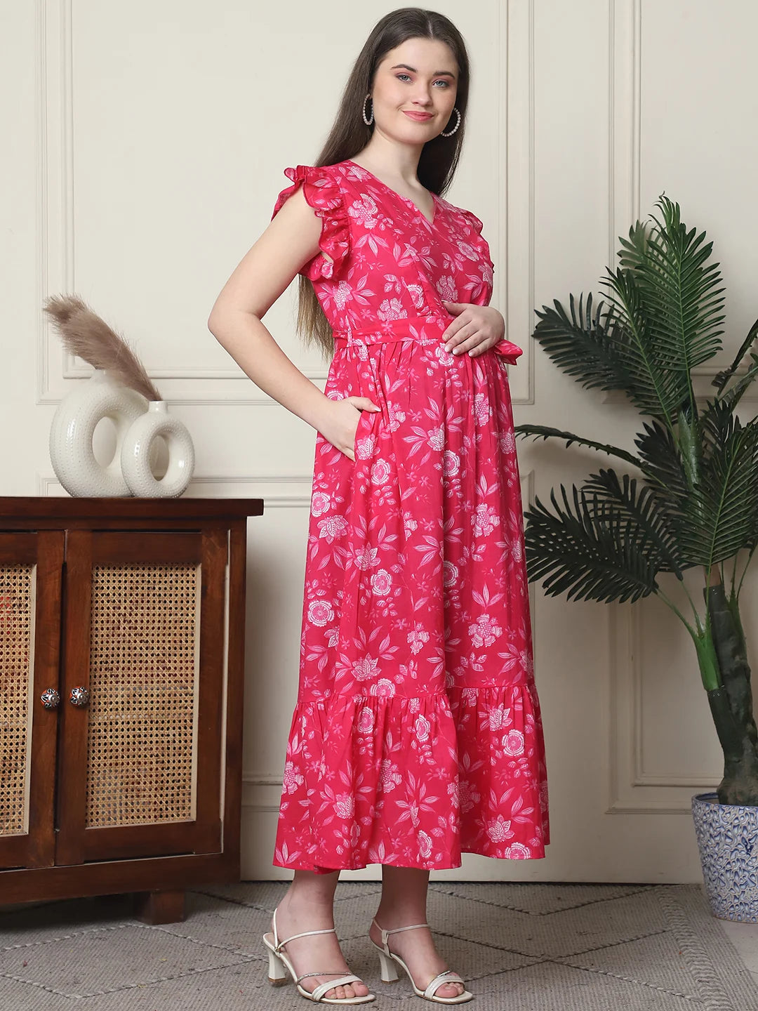 Frempy Women Fit and Flare Pink Floral Printed Maxi/Full Length Dress