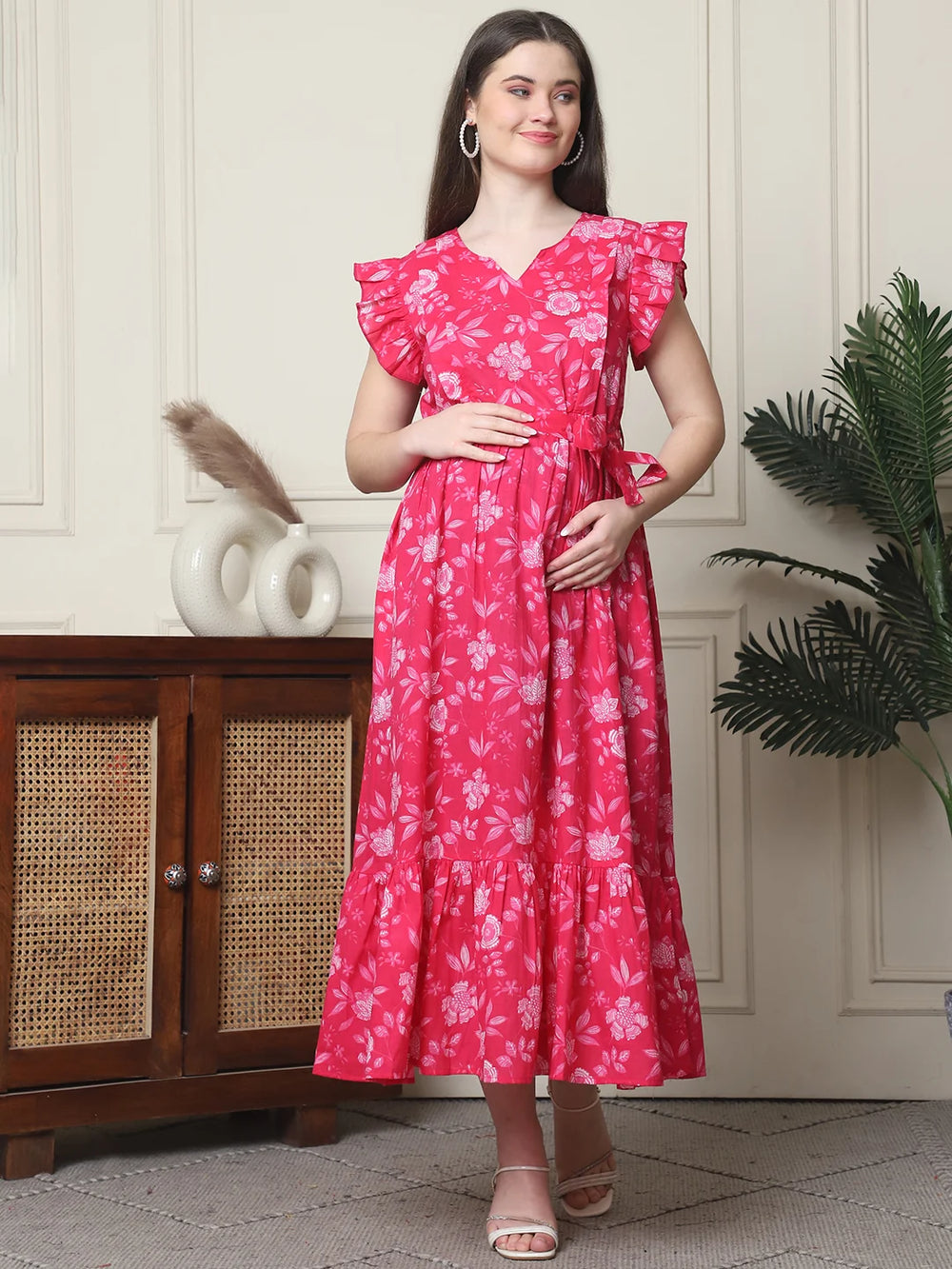 Frempy Women Fit and Flare Pink Floral Printed Maxi/Full Length Dress