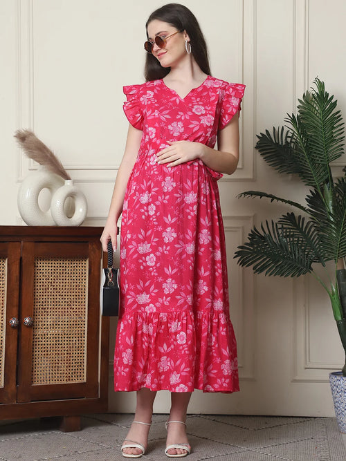 Frempy Women Fit and Flare Pink Floral Printed Maxi/Full Length Dress