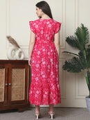 Frempy Women Fit and Flare Pink Floral Printed Maxi/Full Length Dress