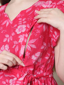 Frempy Women Fit and Flare Pink Floral Printed Maxi/Full Length Dress