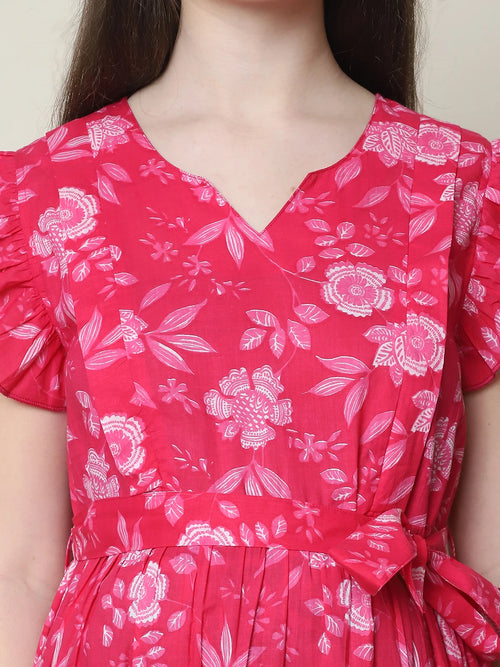 Frempy Women Fit and Flare Pink Floral Printed Maxi/Full Length Dress